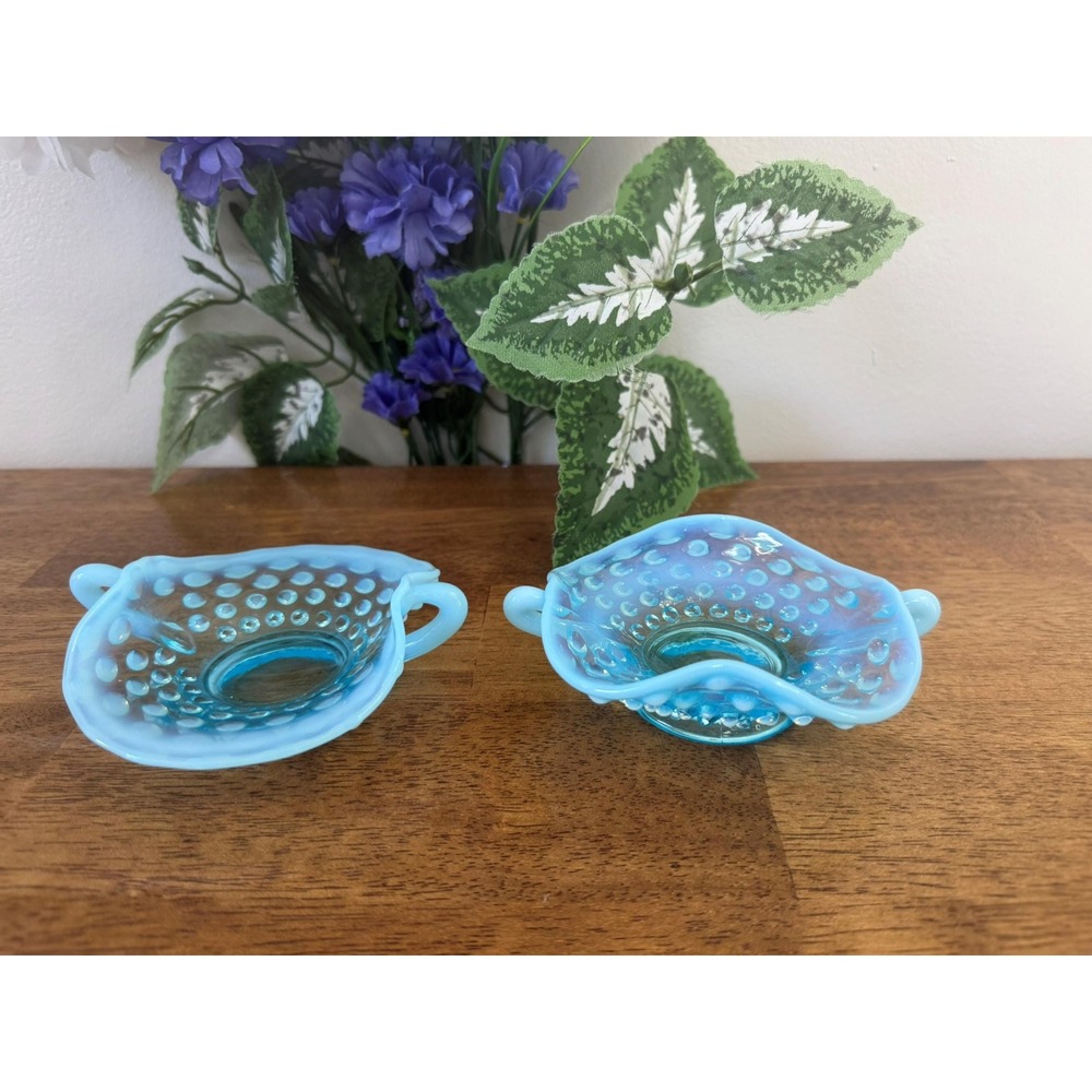 Fenton Blue Opalescent Hobnail Nappy Bowls Vintage‎ Double Handle Candy Dishes